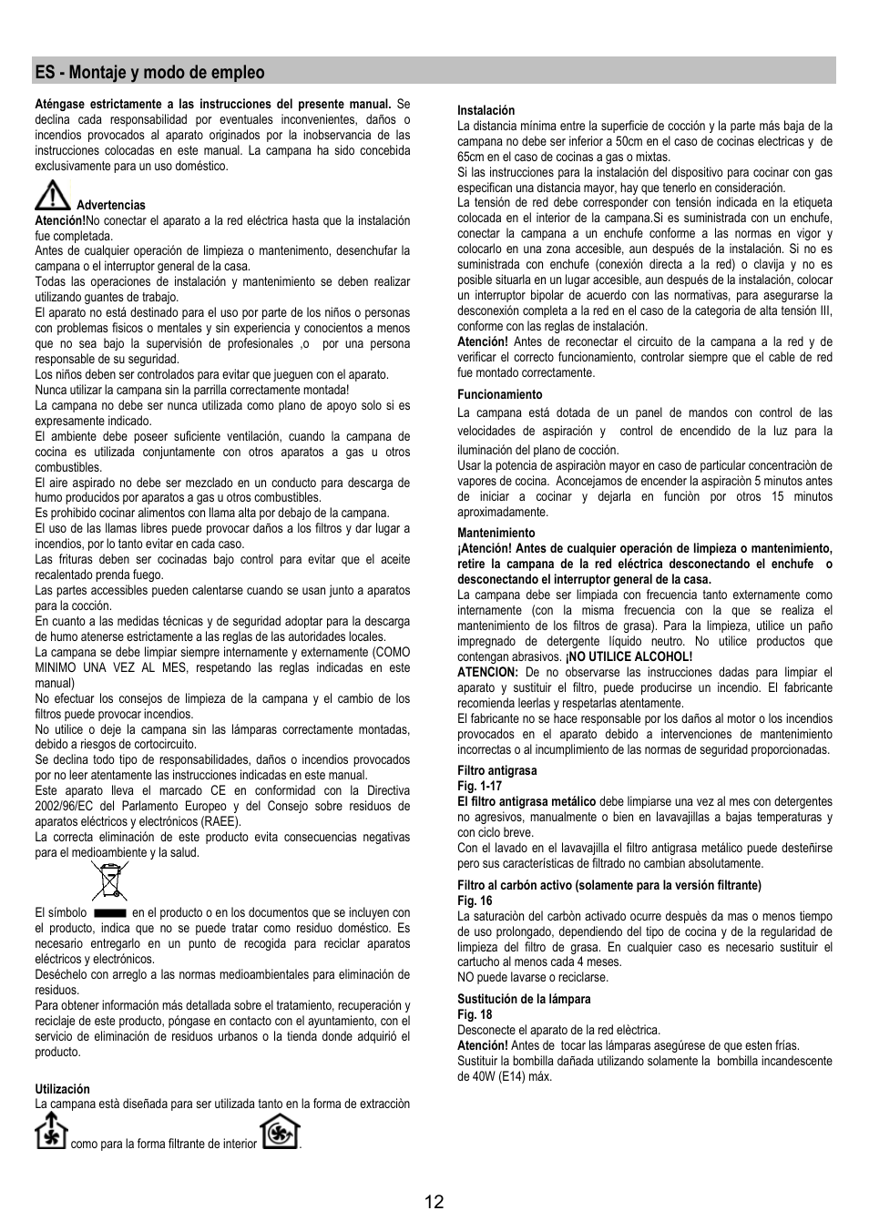 Es - montaje y modo de empleo | Electrolux EFC90300X User Manual | Page 12 / 40