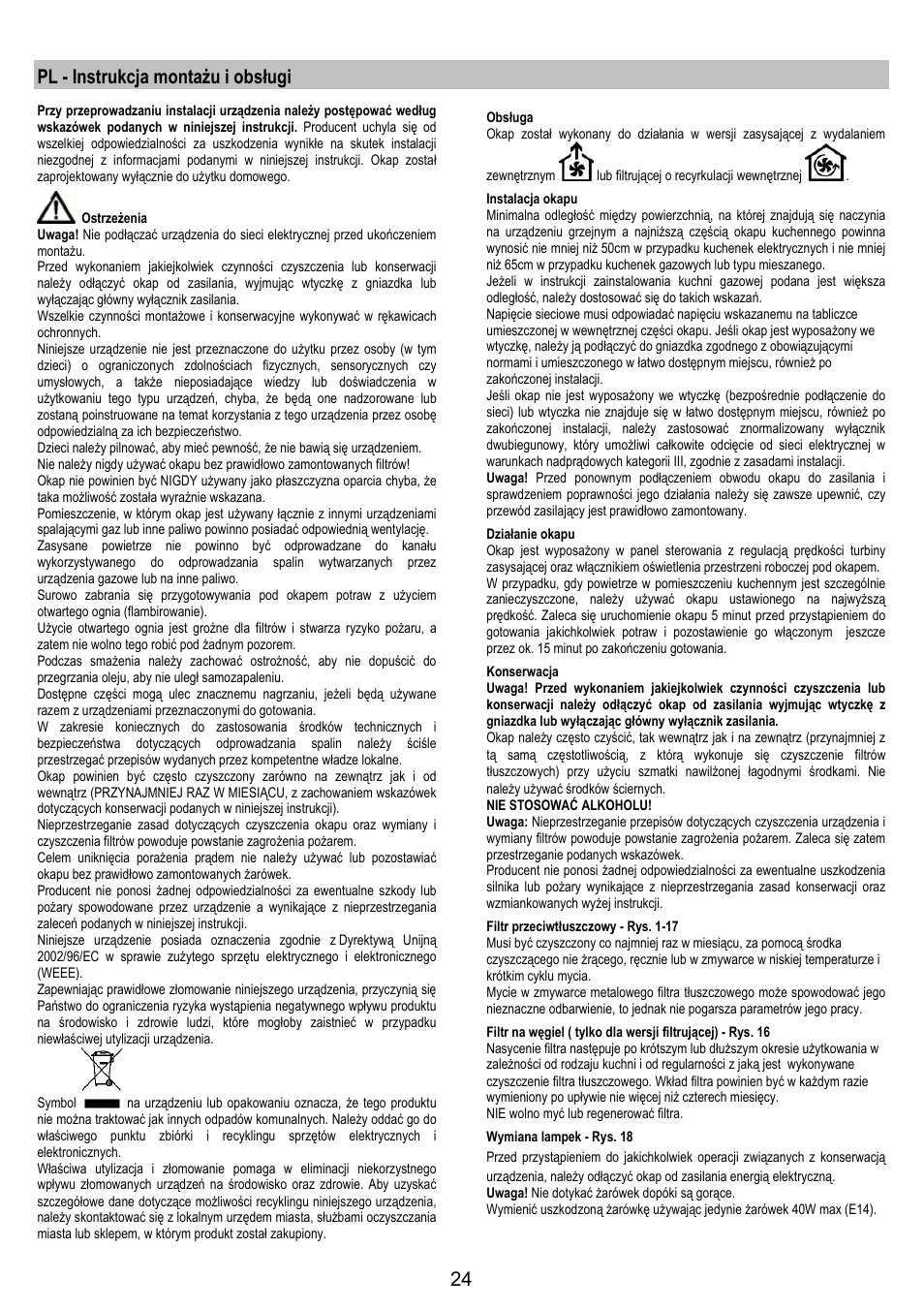 Pl - instrukcja montażu i obsługi | Electrolux EFC90300X User Manual | Page 24 / 40