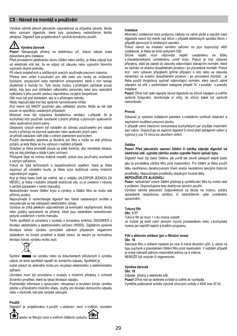 Cs - návod na montáž a používání | Electrolux EFC90300X User Manual | Page 29 / 40