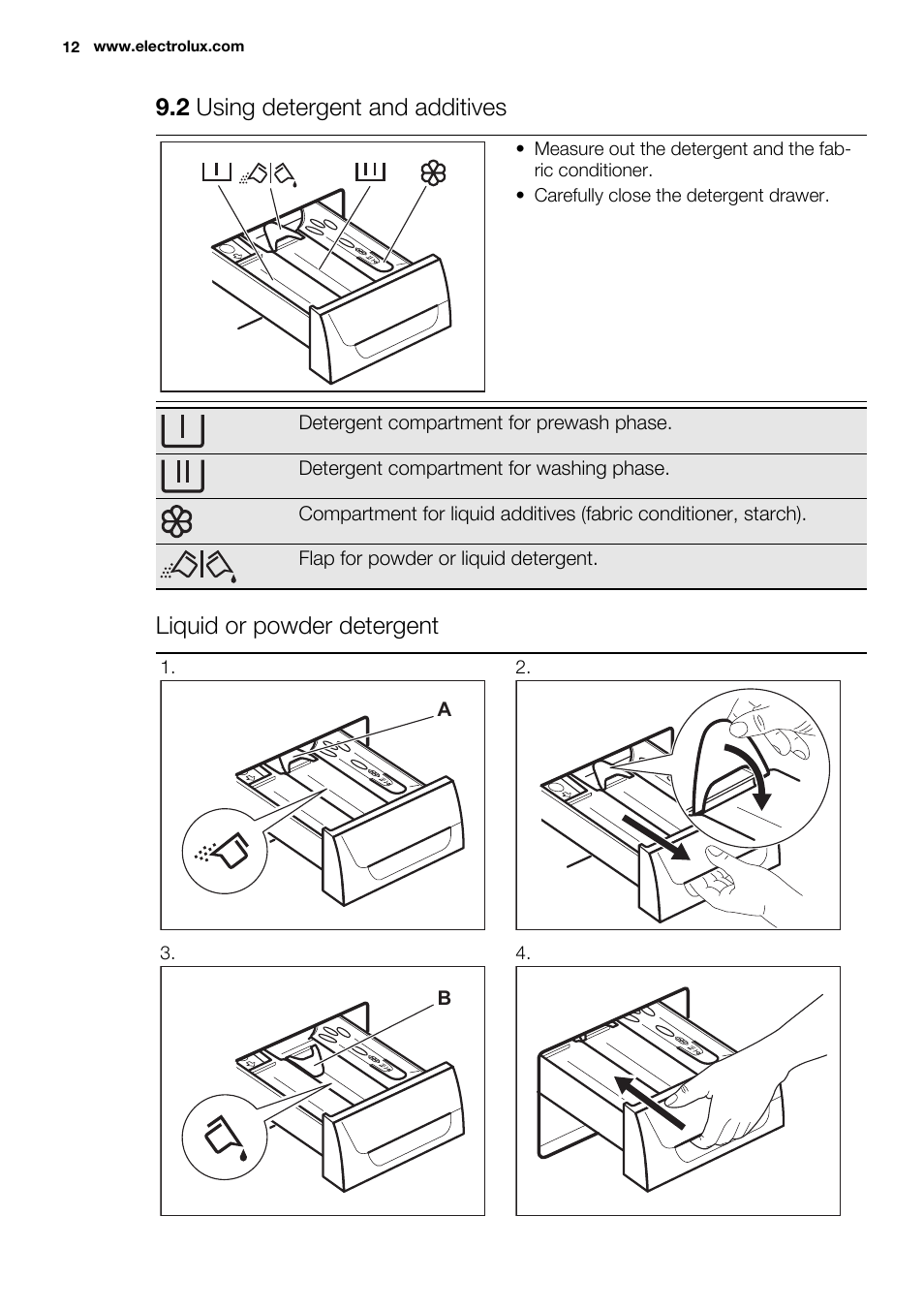 2 using detergent and additives, Liquid or powder detergent | Electrolux EWF1486GDW User Manual | Page 12 / 48