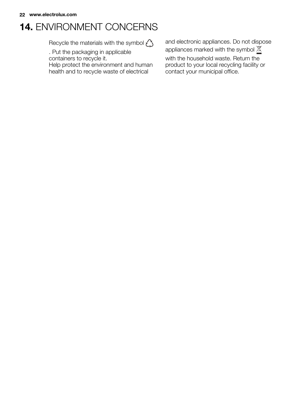 Environment concerns | Electrolux EWF1486GDW User Manual | Page 22 / 48