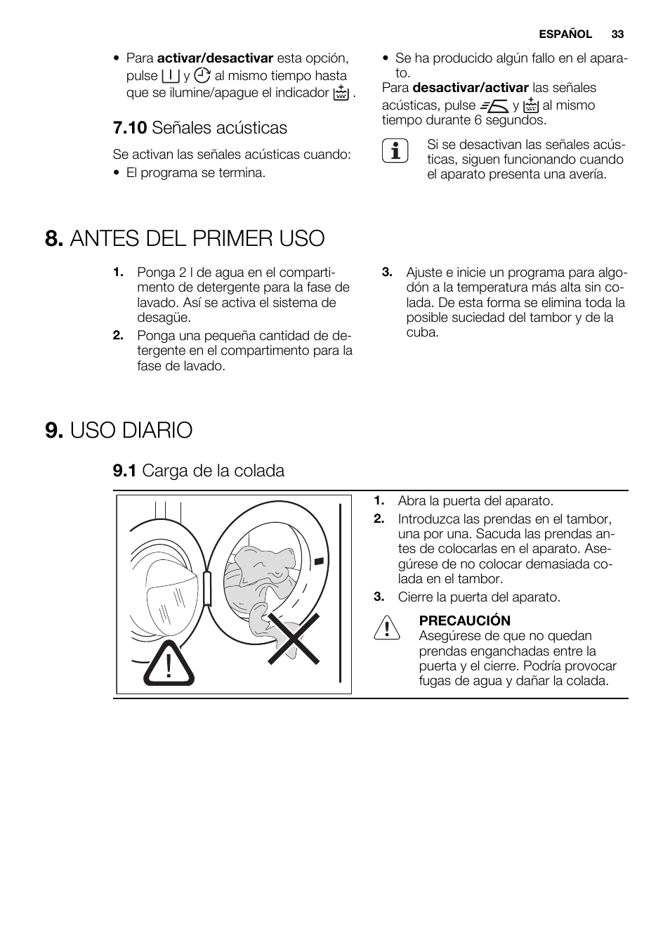 Antes del primer uso, Uso diario, 10 señales acústicas | 1 carga de la colada | Electrolux EWF1486GDW User Manual | Page 33 / 48