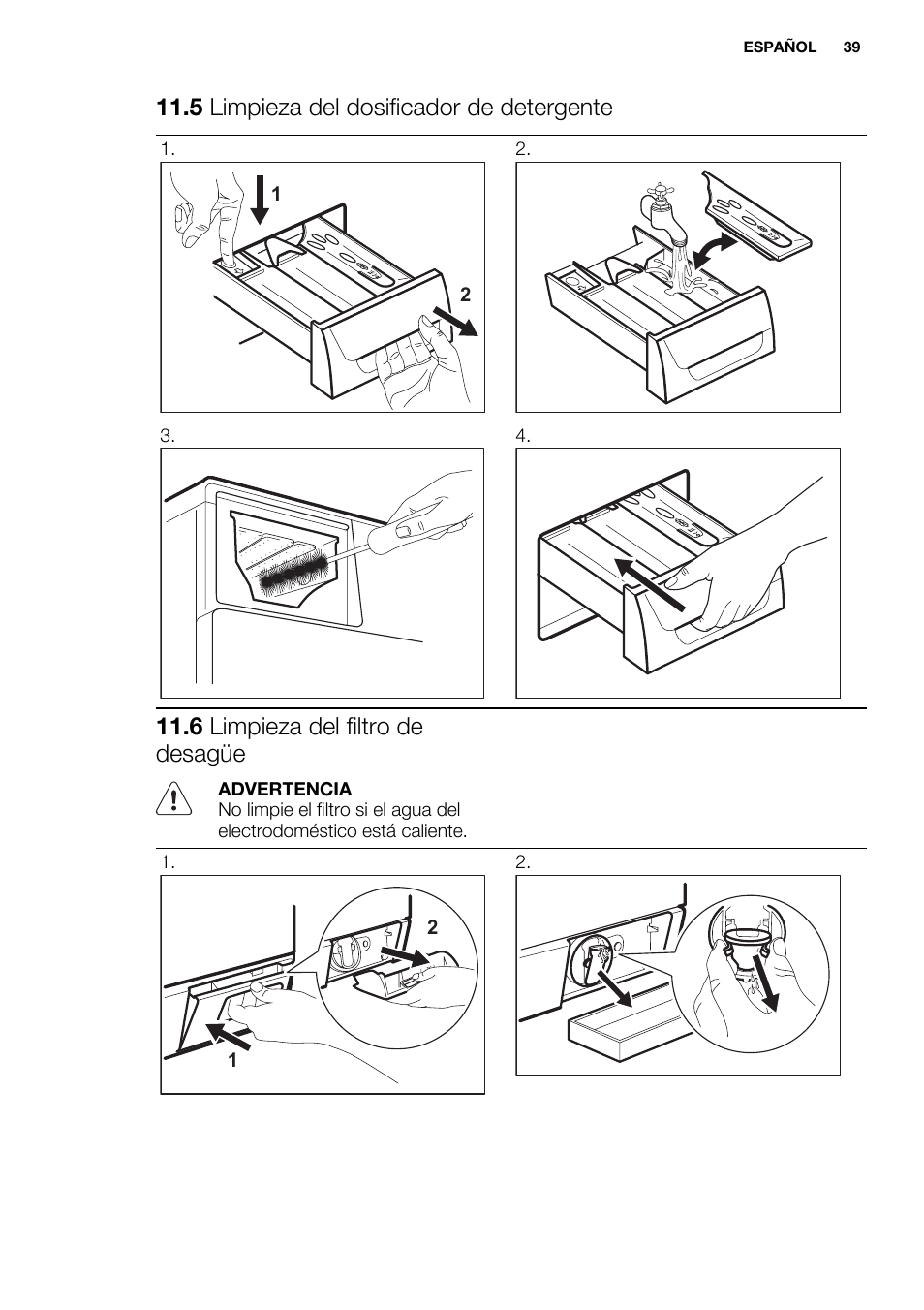 5 limpieza del dosificador de detergente, 6 limpieza del filtro de desagüe | Electrolux EWF1486GDW User Manual | Page 39 / 48