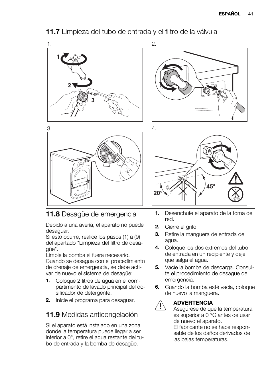 8 desagüe de emergencia, 9 medidas anticongelación | Electrolux EWF1486GDW User Manual | Page 41 / 48