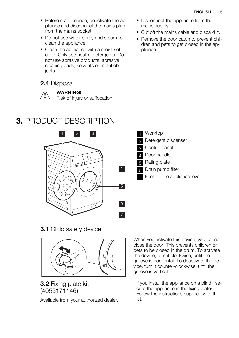 Product description, 4 disposal, 1 child safety device | Electrolux EWF1486GDW User Manual | Page 5 / 48