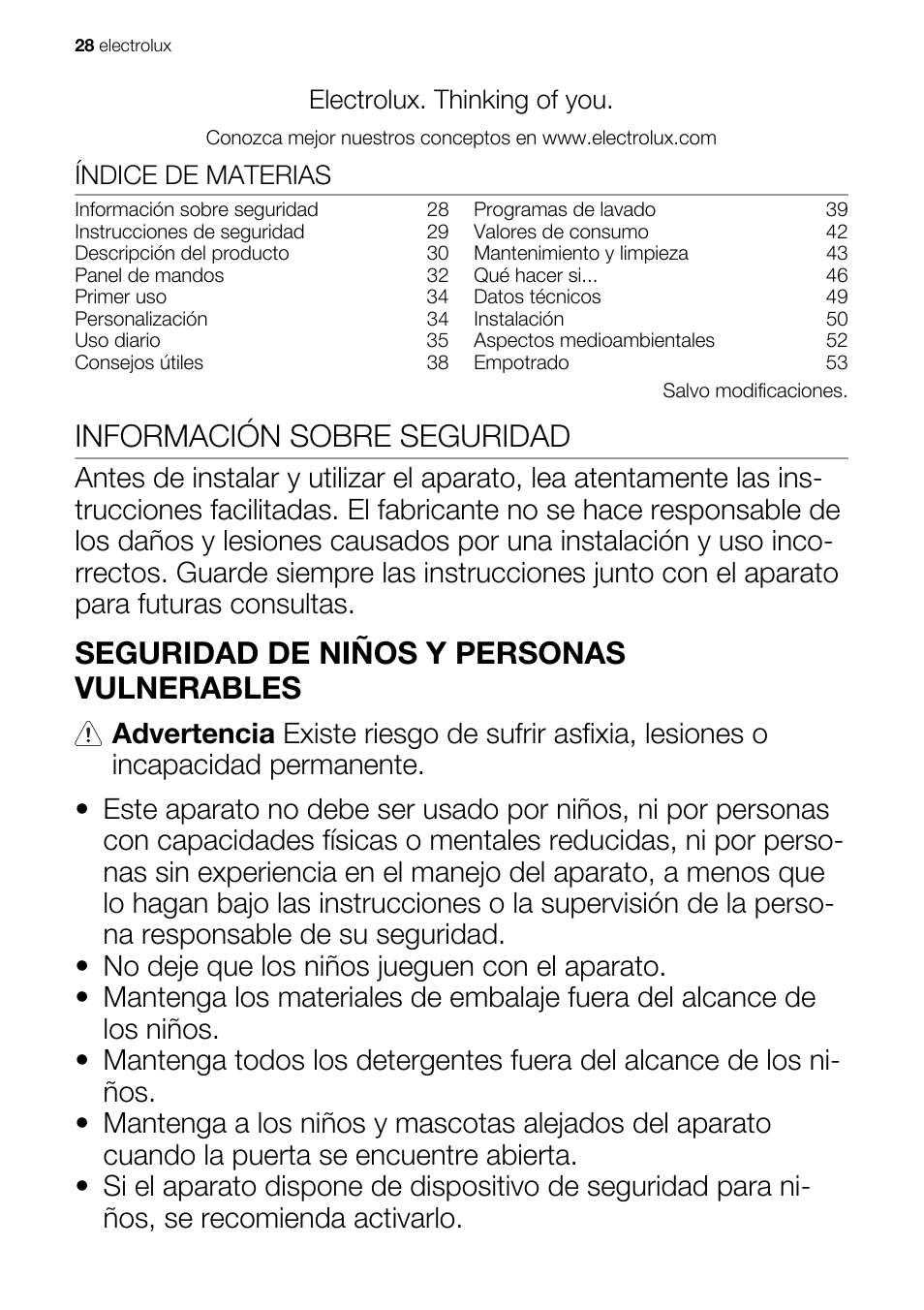 Información sobre seguridad, Seguridad de niños y personas vulnerables, Electrolux. thinking of you | Índice de materias | Electrolux EWG127410W User Manual | Page 28 / 56