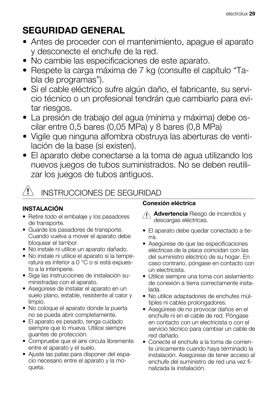 Seguridad general, Instrucciones de seguridad | Electrolux EWG127410W User Manual | Page 29 / 56