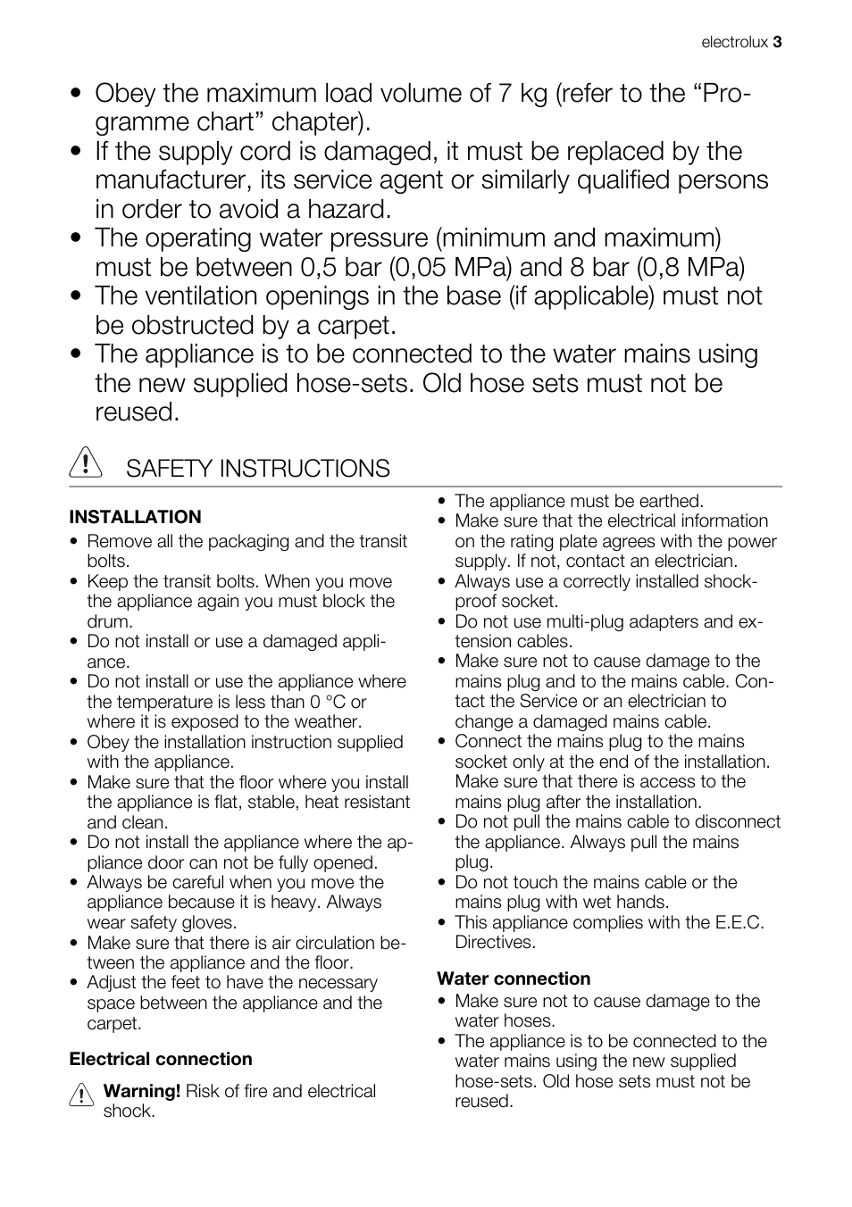 Safety instructions | Electrolux EWG127410W User Manual | Page 3 / 56