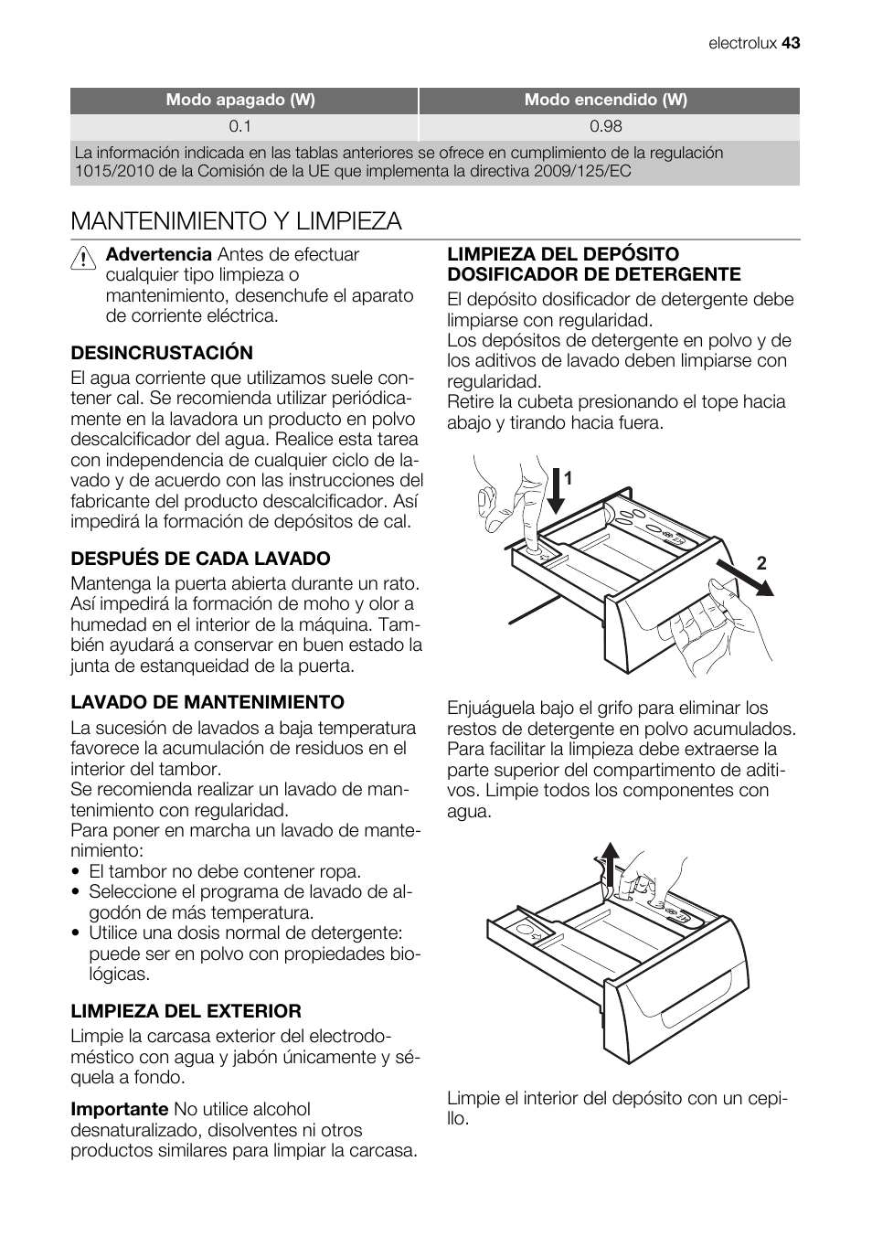 Mantenimiento y limpieza | Electrolux EWG127410W User Manual | Page 43 / 56