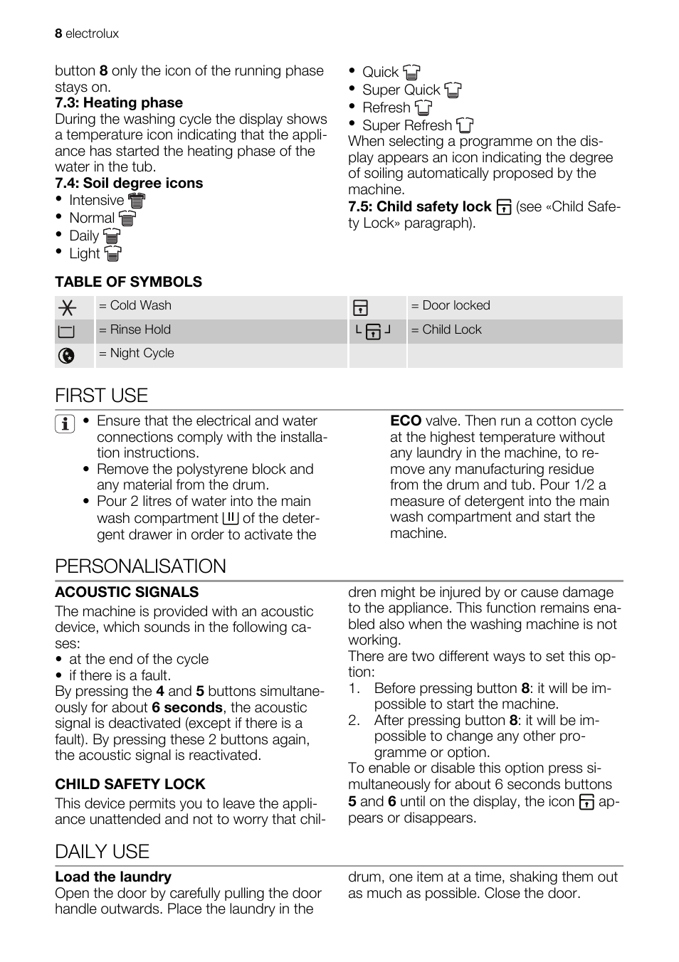 First use, Personalisation, Daily use | Electrolux EWG127410W User Manual | Page 8 / 56