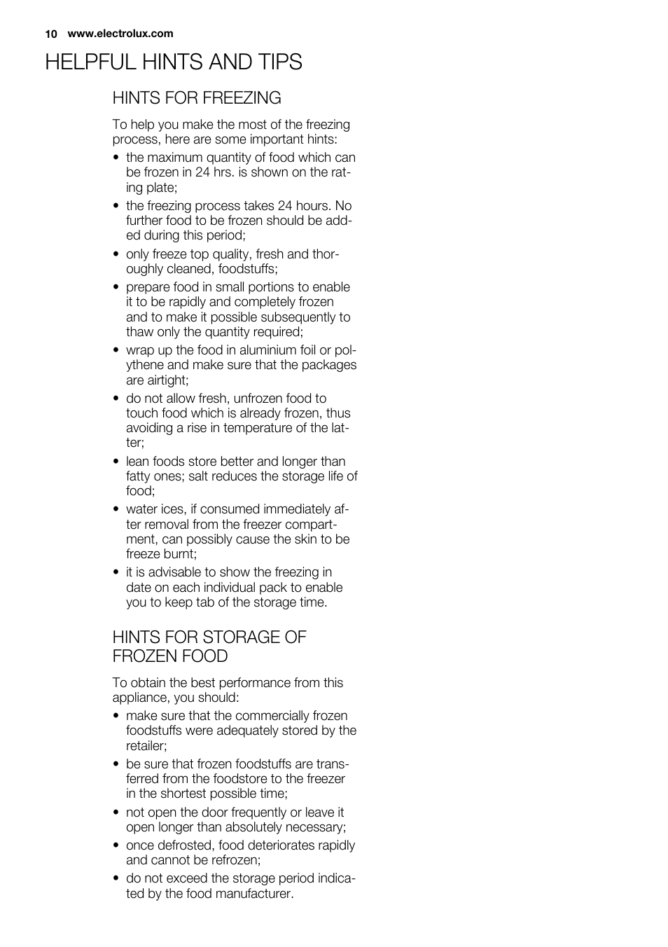 Helpful hints and tips, Hints for freezing, Hints for storage of frozen food | Electrolux EUX2243AOX User Manual | Page 10 / 100