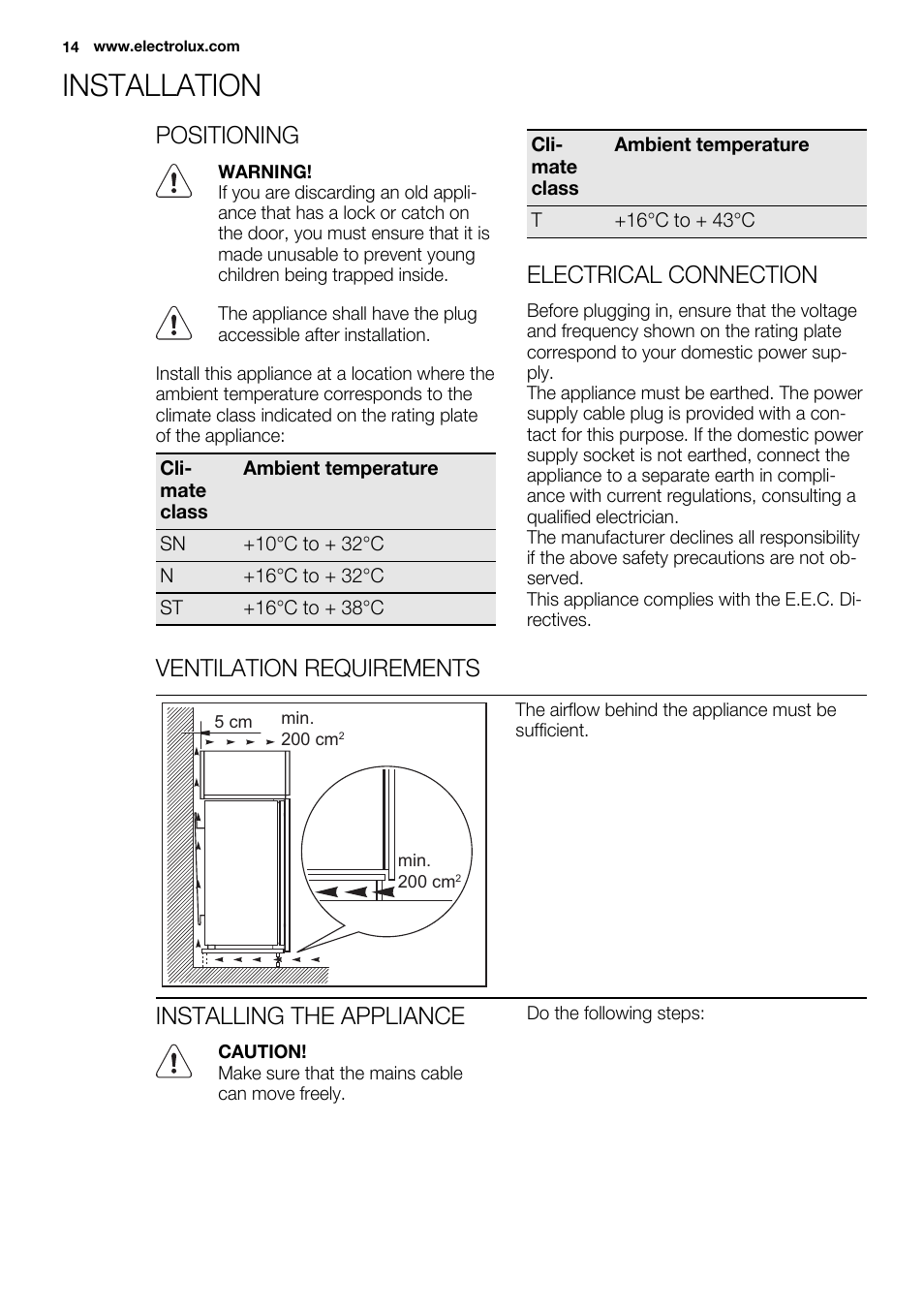 Installation, Positioning, Electrical connection | Ventilation requirements, Installing the appliance | Electrolux EUX2243AOX User Manual | Page 14 / 100