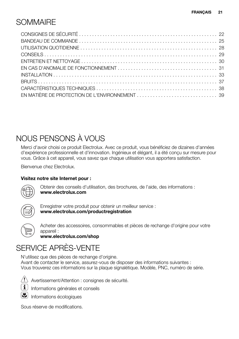 Sommaire, Nous pensons à vous, Service après-vente | Electrolux EUX2243AOX User Manual | Page 21 / 100