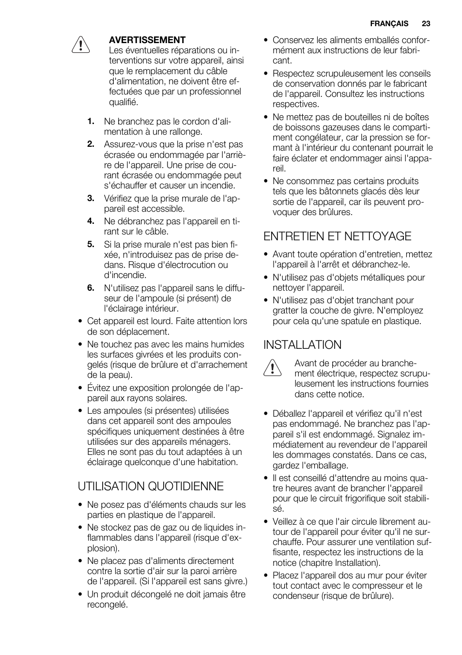 Utilisation quotidienne, Entretien et nettoyage, Installation | Electrolux EUX2243AOX User Manual | Page 23 / 100