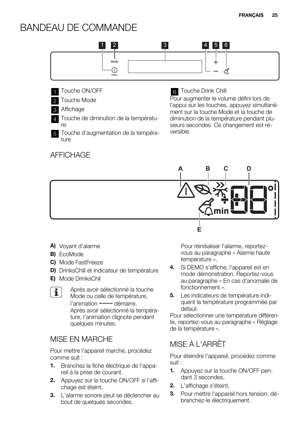 Bandeau de commande, Affichage, Mise en marche | Mise à l'arrêt | Electrolux EUX2243AOX User Manual | Page 25 / 100