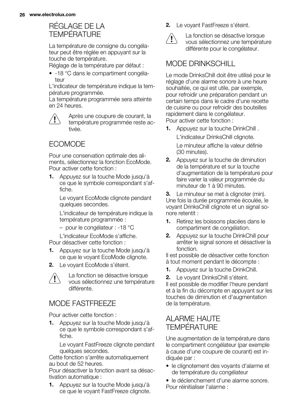 Réglage de la température, Ecomode, Mode fastfreeze | Mode drinkschill, Alarme haute température | Electrolux EUX2243AOX User Manual | Page 26 / 100