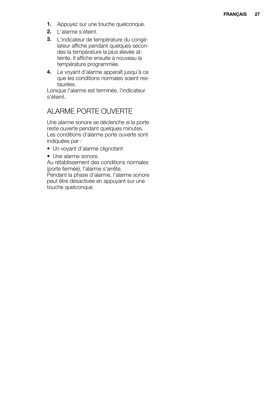 Alarme porte ouverte | Electrolux EUX2243AOX User Manual | Page 27 / 100