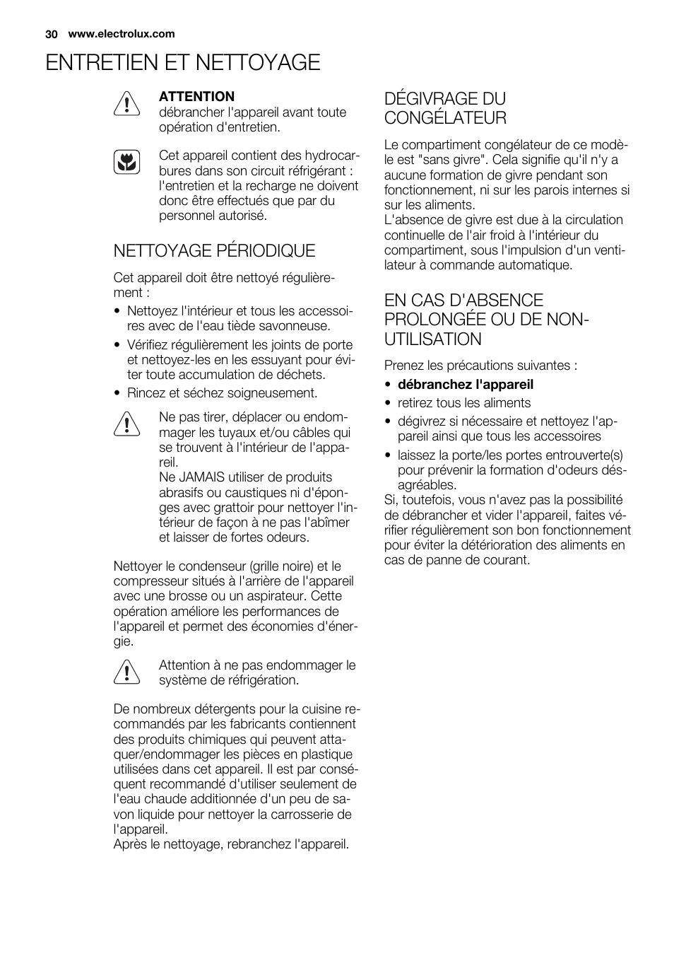 Entretien et nettoyage, Nettoyage périodique, Dégivrage du congélateur | En cas d'absence prolongée ou de non- utilisation | Electrolux EUX2243AOX User Manual | Page 30 / 100