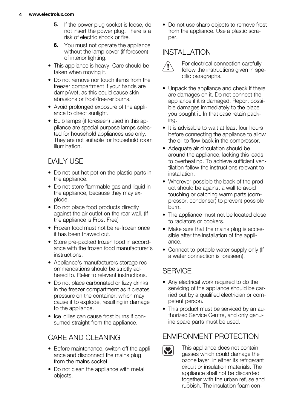 Daily use, Care and cleaning, Installation | Service, Environment protection | Electrolux EUX2243AOX User Manual | Page 4 / 100