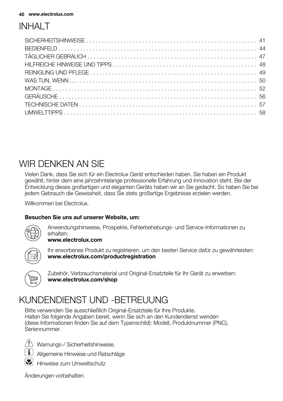 Inhalt, Wir denken an sie, Kundendienst und -betreuung | Electrolux EUX2243AOX User Manual | Page 40 / 100