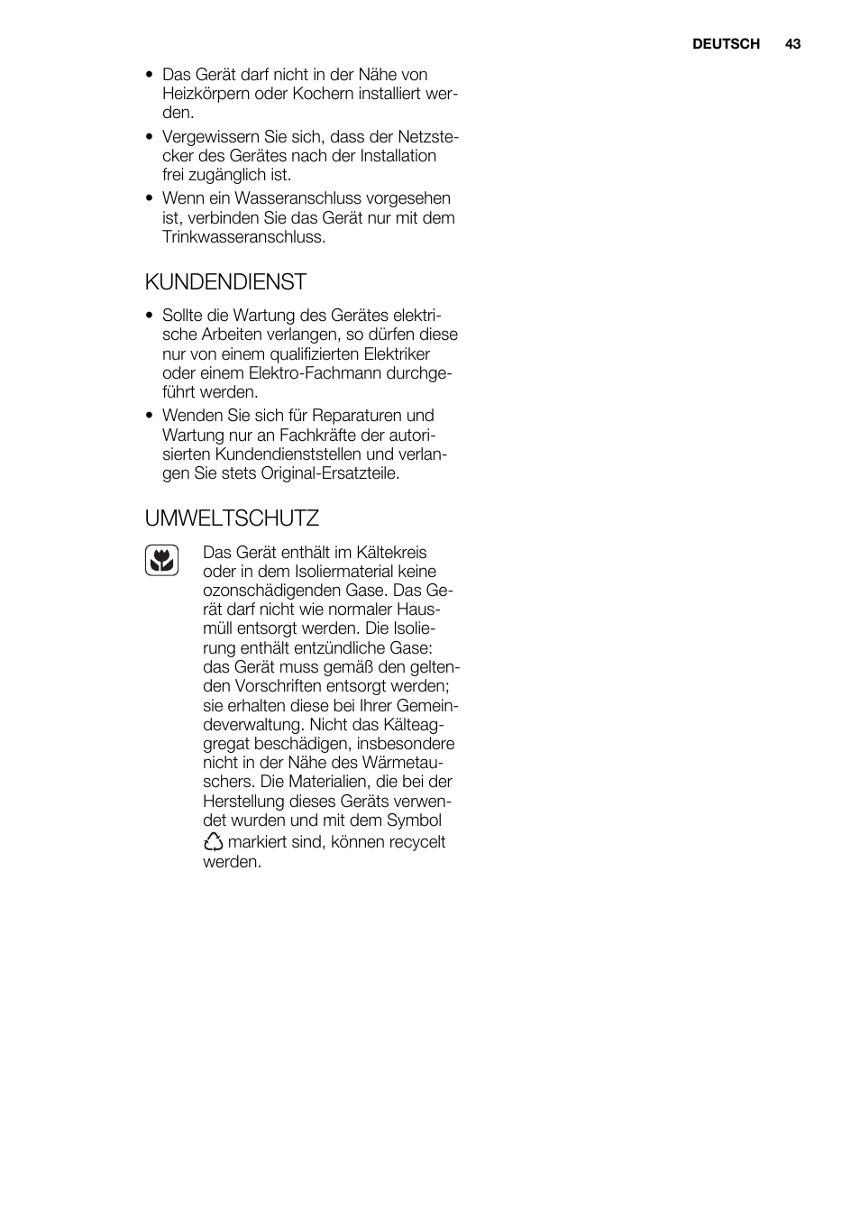 Kundendienst, Umweltschutz | Electrolux EUX2243AOX User Manual | Page 43 / 100