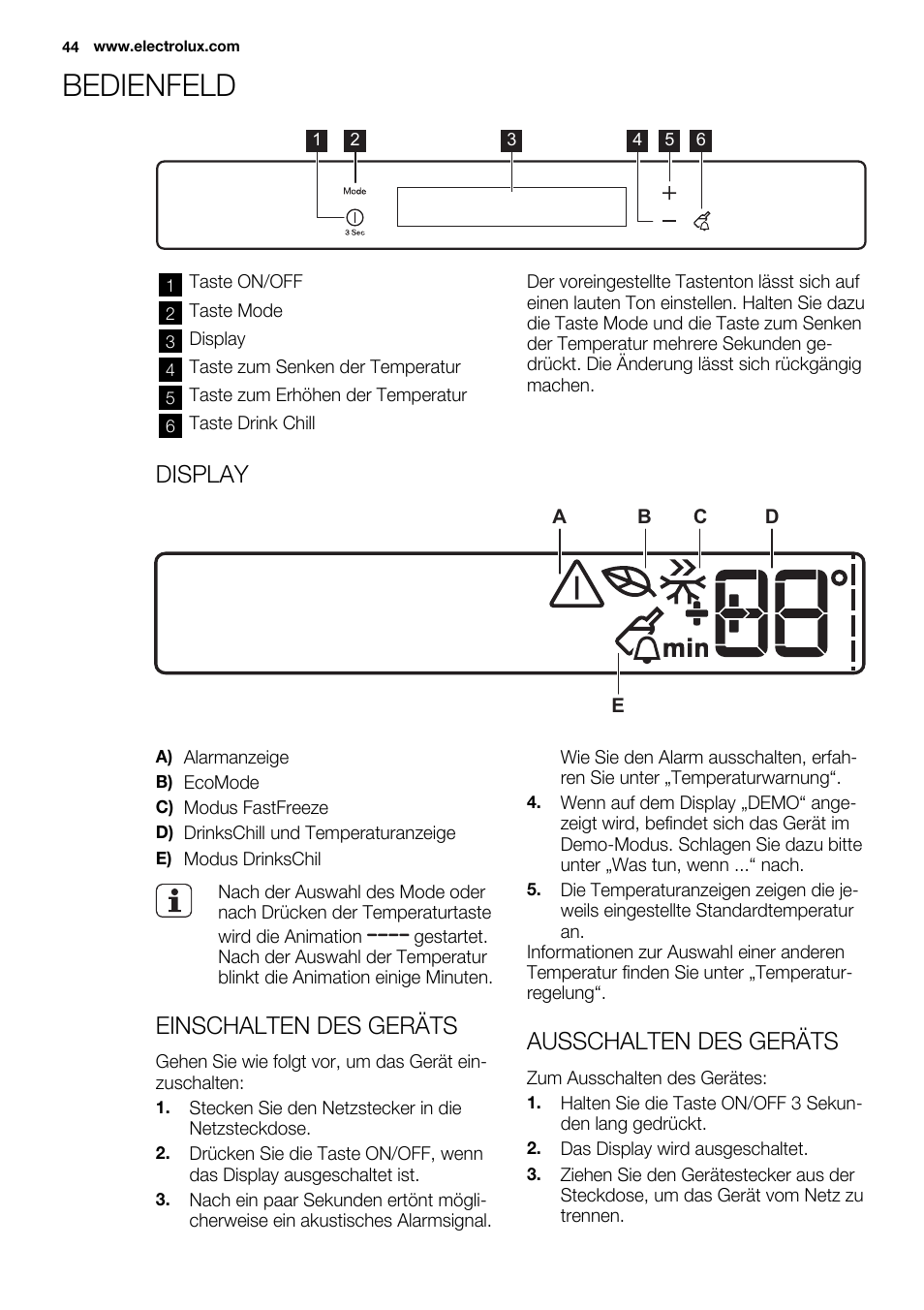 Bedienfeld, Display, Einschalten des geräts | Ausschalten des geräts | Electrolux EUX2243AOX User Manual | Page 44 / 100