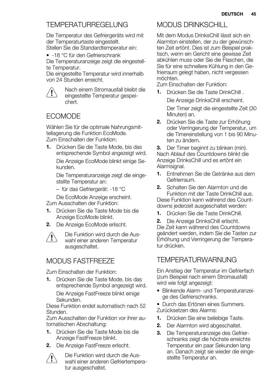Temperaturregelung, Ecomode, Modus fastfreeze | Modus drinkschill, Temperaturwarnung | Electrolux EUX2243AOX User Manual | Page 45 / 100