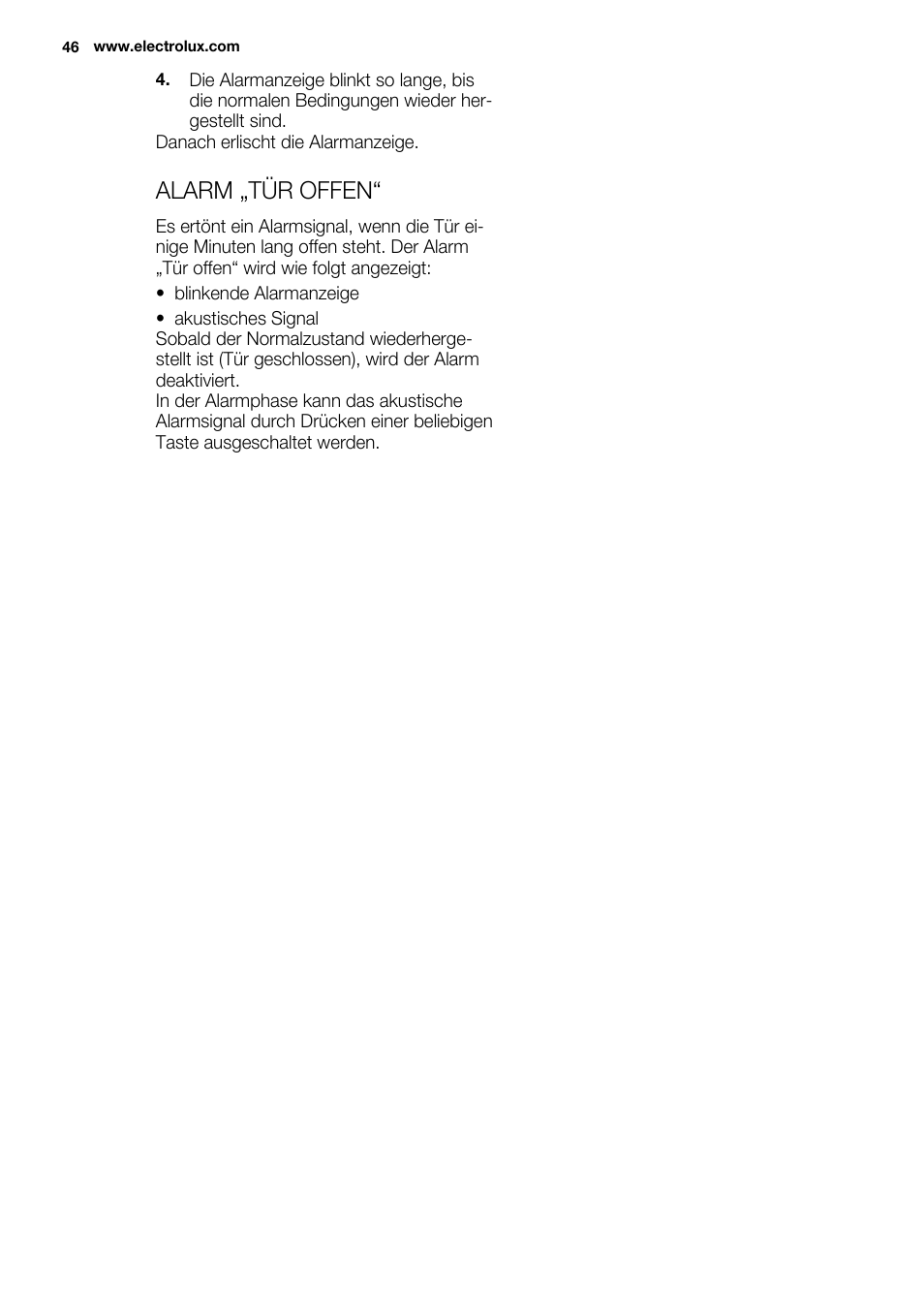Alarm „tür offen | Electrolux EUX2243AOX User Manual | Page 46 / 100