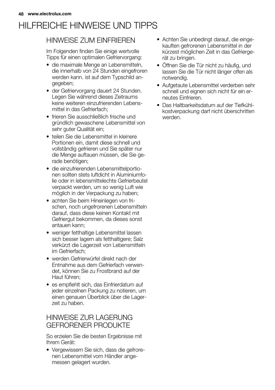 Hilfreiche hinweise und tipps, Hinweise zum einfrieren, Hinweise zur lagerung gefrorener produkte | Electrolux EUX2243AOX User Manual | Page 48 / 100