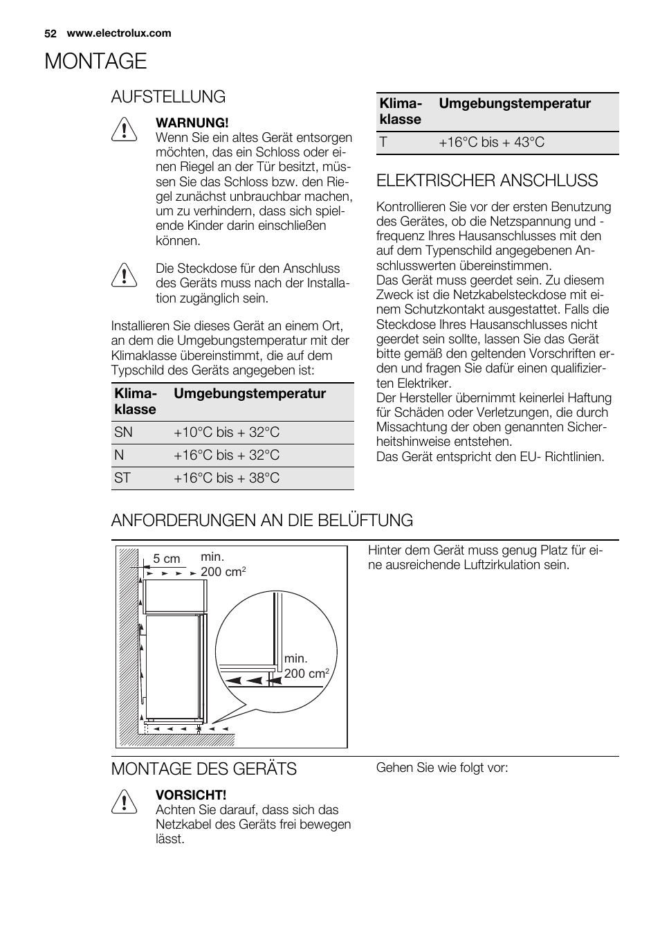 Montage, Aufstellung, Elektrischer anschluss | Anforderungen an die belüftung, Montage des geräts | Electrolux EUX2243AOX User Manual | Page 52 / 100