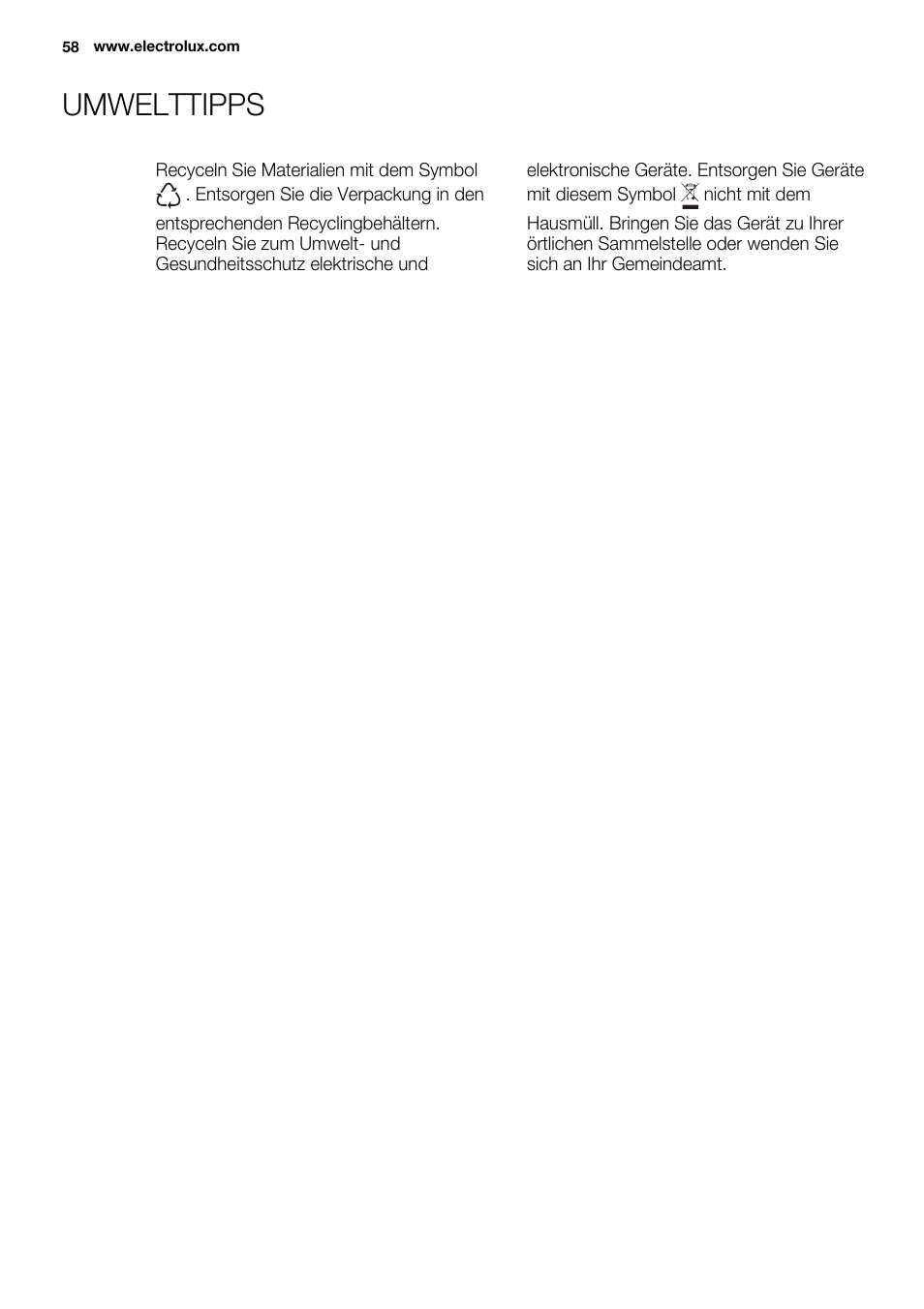 Umwelttipps | Electrolux EUX2243AOX User Manual | Page 58 / 100