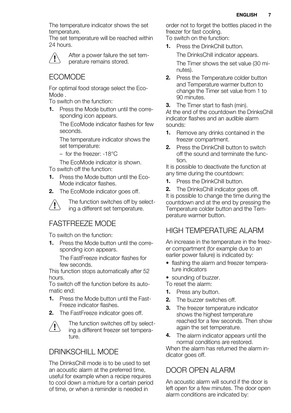 Ecomode, Fastfreeze mode, Drinkschill mode | High temperature alarm, Door open alarm | Electrolux EUX2243AOX User Manual | Page 7 / 100