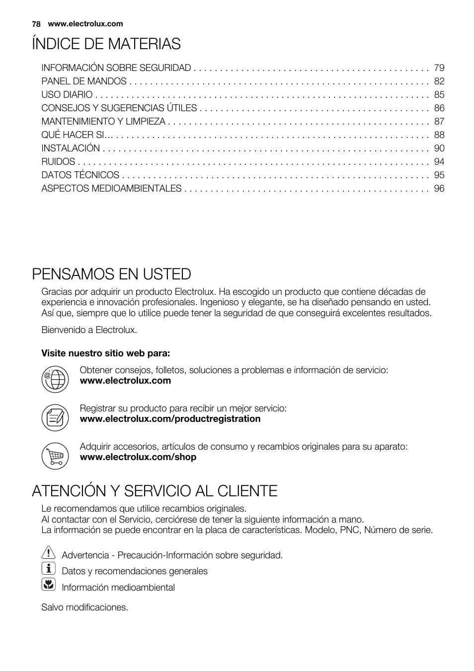 Índice de materias, Pensamos en usted, Atención y servicio al cliente | Electrolux EUX2243AOX User Manual | Page 78 / 100