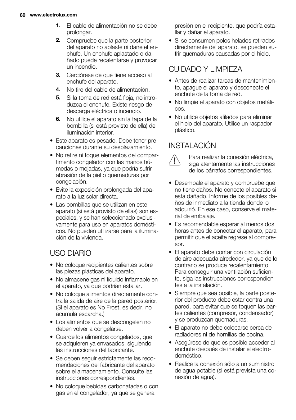 Uso diario, Cuidado y limpieza, Instalación | Electrolux EUX2243AOX User Manual | Page 80 / 100