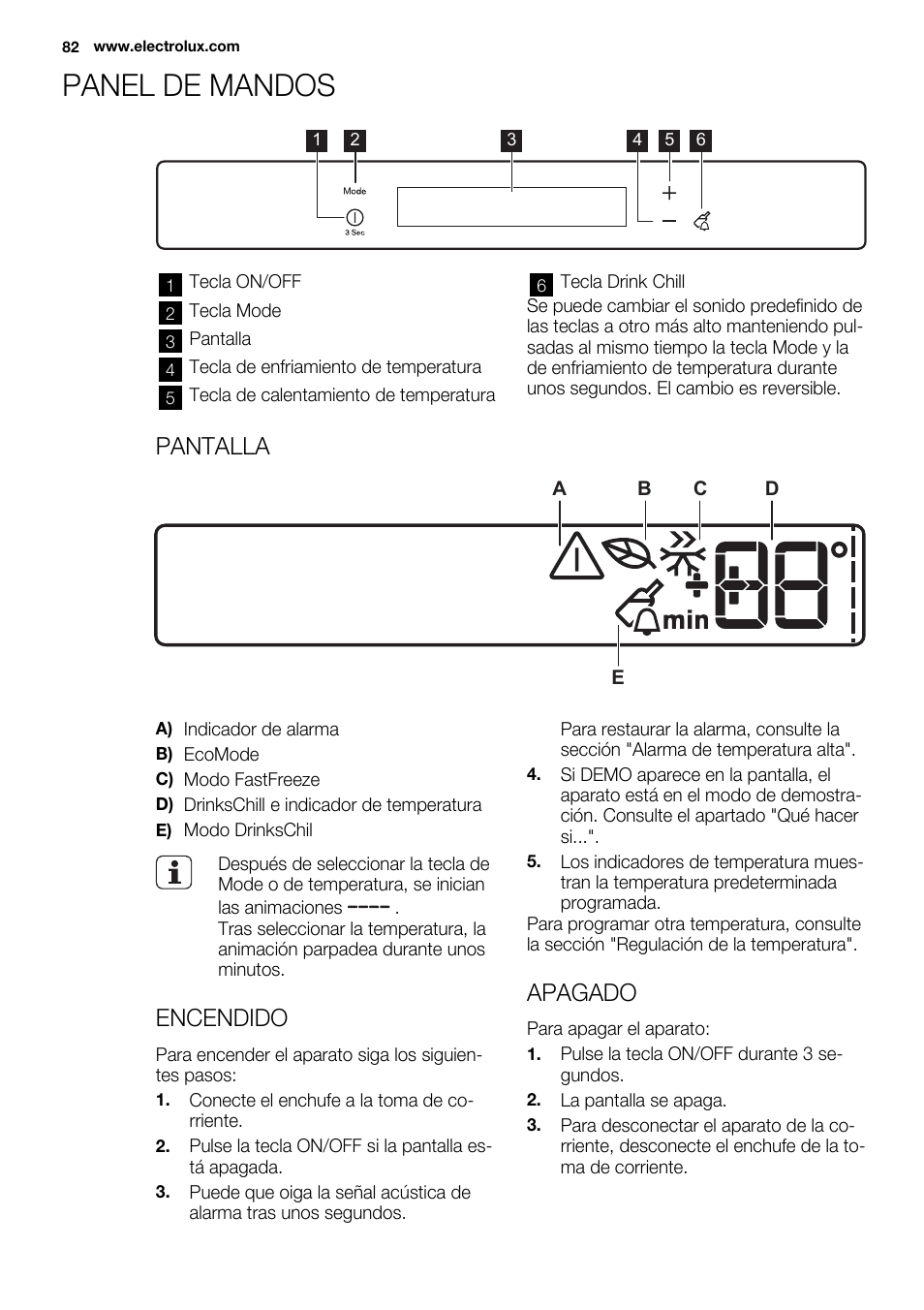 Panel de mandos, Pantalla, Encendido | Apagado | Electrolux EUX2243AOX User Manual | Page 82 / 100