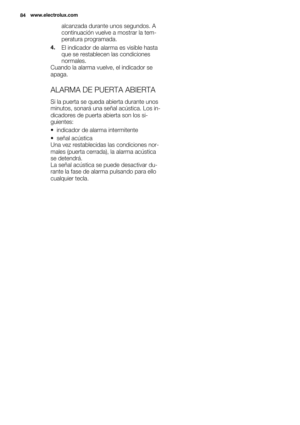 Alarma de puerta abierta | Electrolux EUX2243AOX User Manual | Page 84 / 100