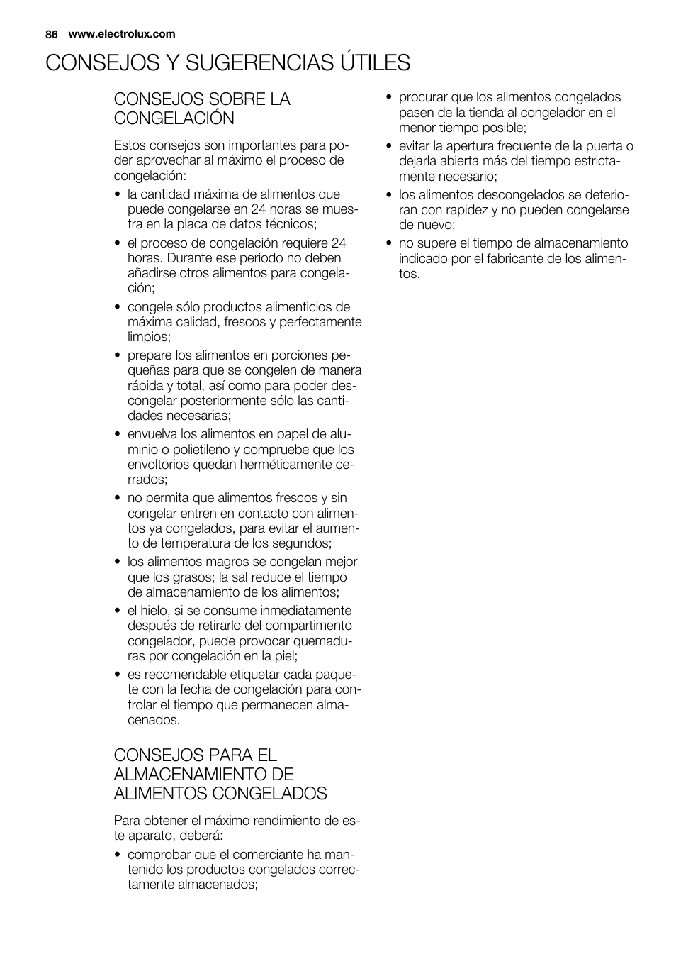 Consejos y sugerencias útiles, Consejos sobre la congelación | Electrolux EUX2243AOX User Manual | Page 86 / 100