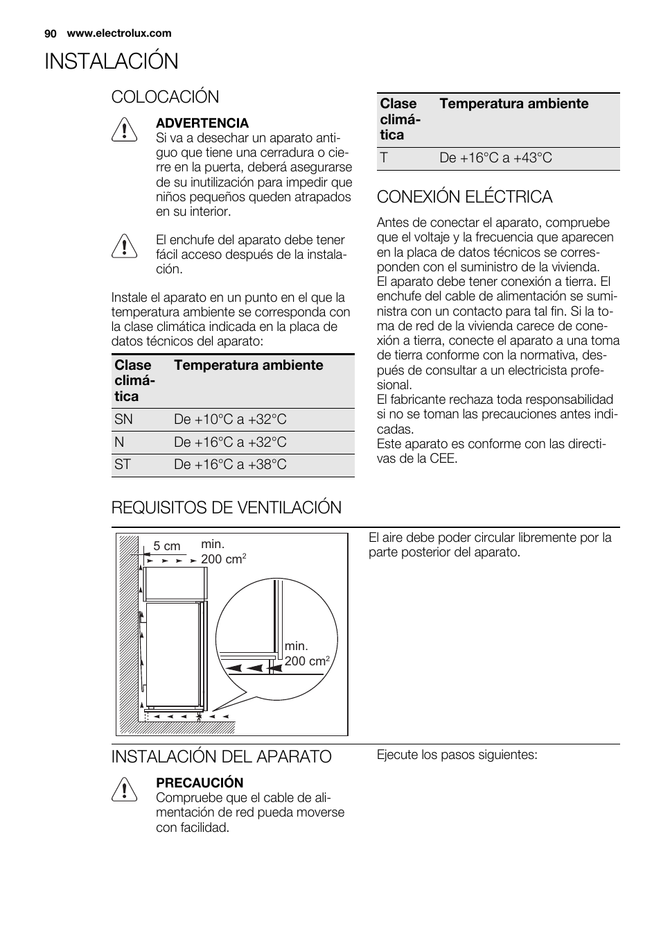 Instalación, Colocación, Conexión eléctrica | Requisitos de ventilación, Instalación del aparato | Electrolux EUX2243AOX User Manual | Page 90 / 100