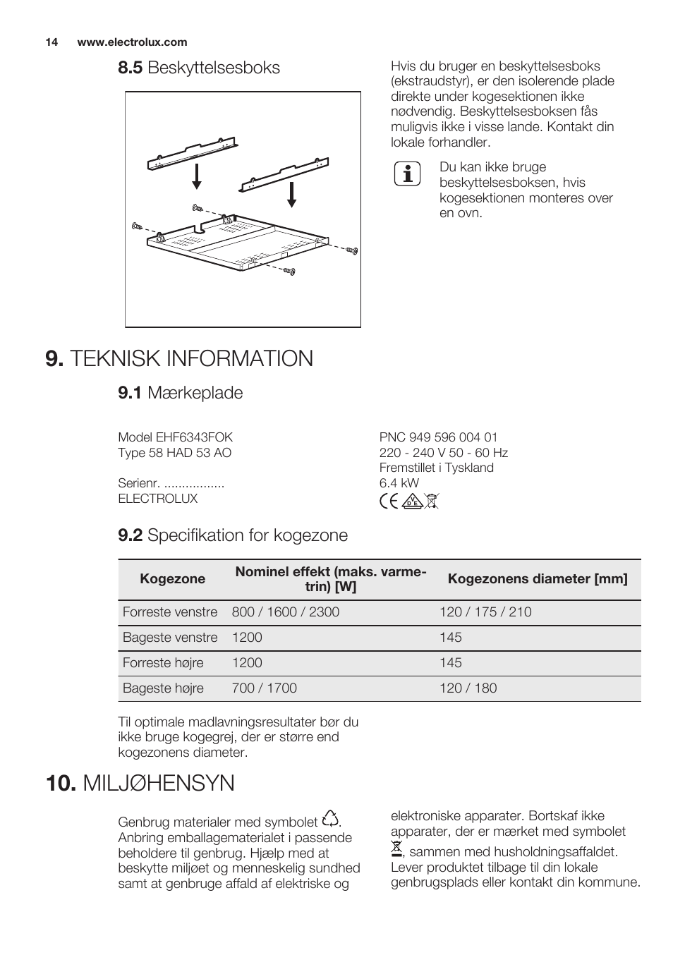 5 beskyttelsesboks, Teknisk information, 1 mærkeplade | 2 specifikation for kogezone, Miljøhensyn | Electrolux EHF6343FOK User Manual | Page 14 / 60