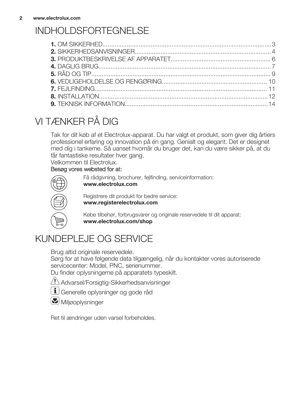 Indholdsfortegnelse, Brugsanvisning, Vi tænker på dig | Kundepleje og service | Electrolux EHF6343FOK User Manual | Page 2 / 60