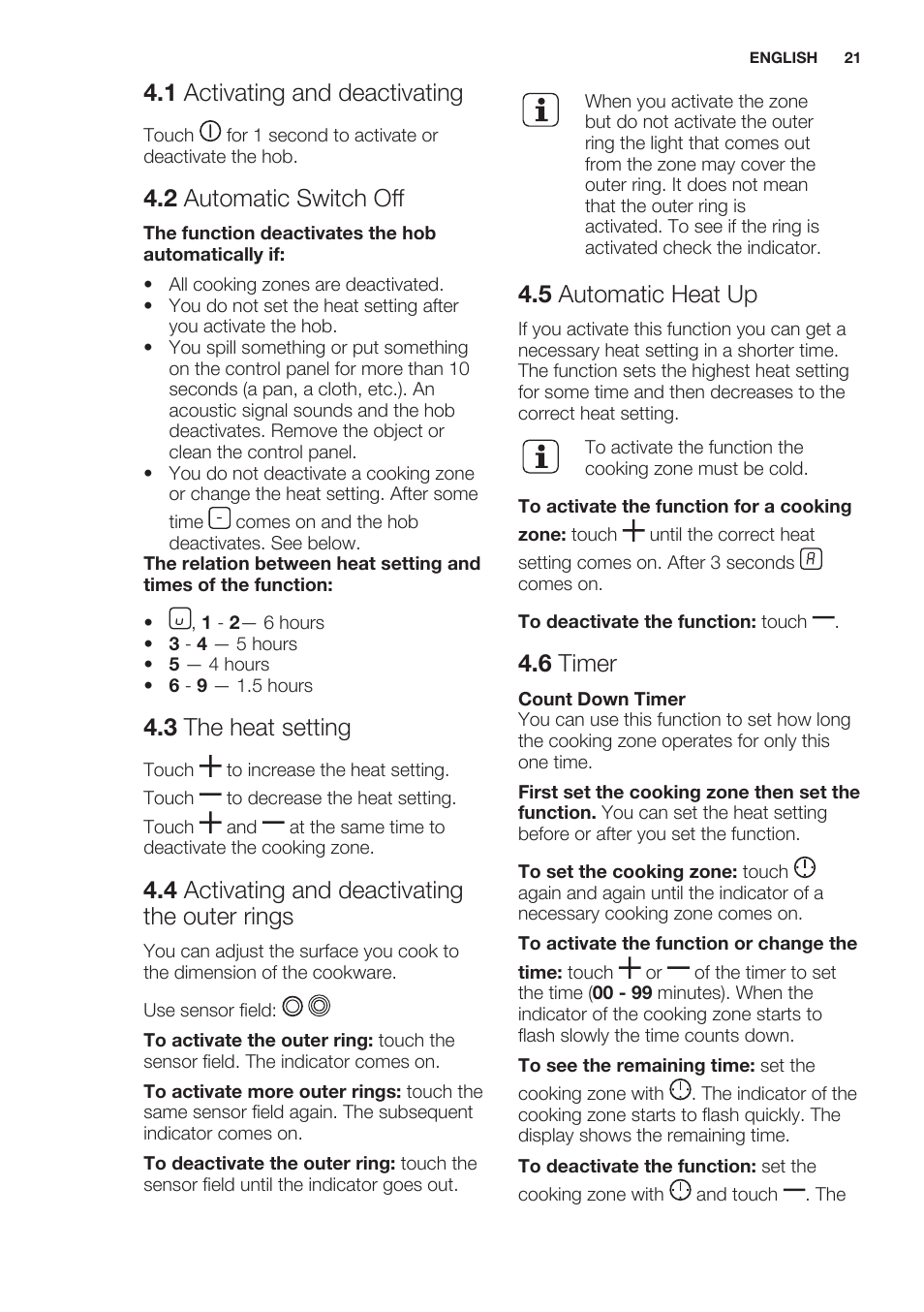 1 activating and deactivating, 2 automatic switch off, 3 the heat setting | 4 activating and deactivating the outer rings, 5 automatic heat up, 6 timer | Electrolux EHF6343FOK User Manual | Page 21 / 60