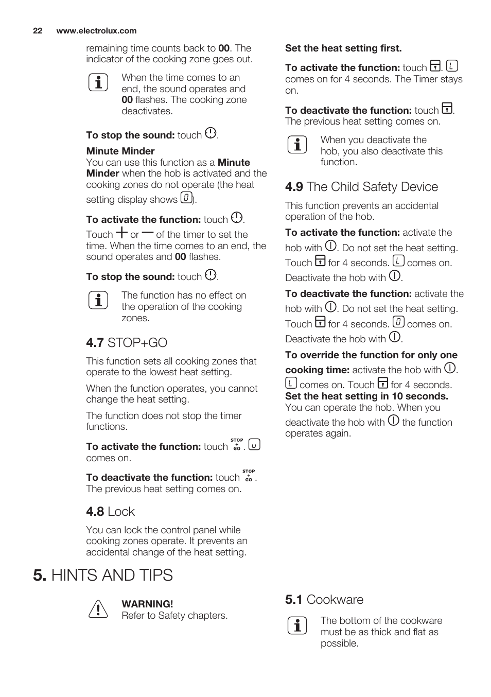 7 stop+go, 8 lock, 9 the child safety device | Hints and tips, 1 cookware | Electrolux EHF6343FOK User Manual | Page 22 / 60