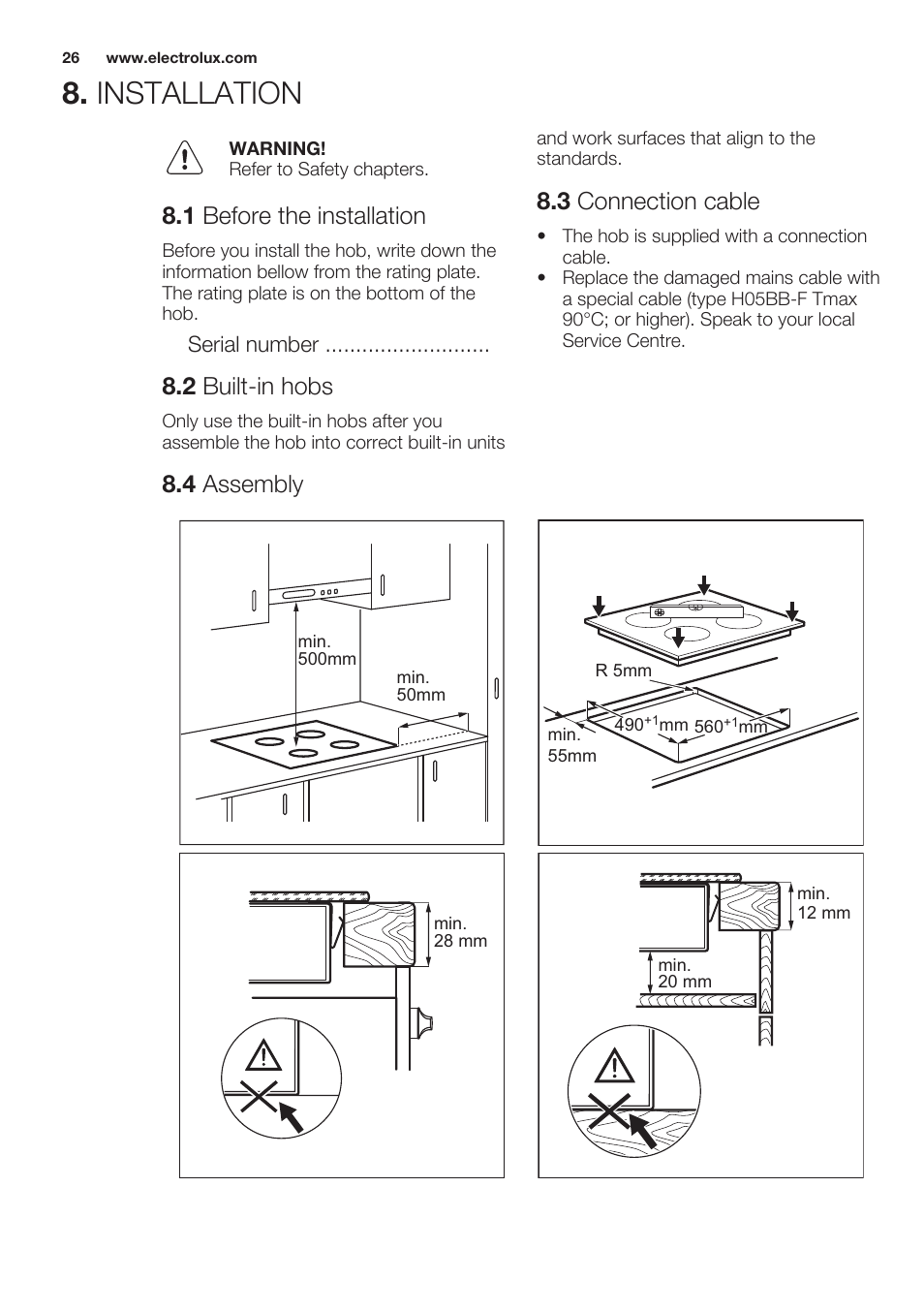 1 before the installation, 2 built-in hobs, 3 connection cable | 4 assembly, Installation | Electrolux EHF6343FOK User Manual | Page 26 / 60
