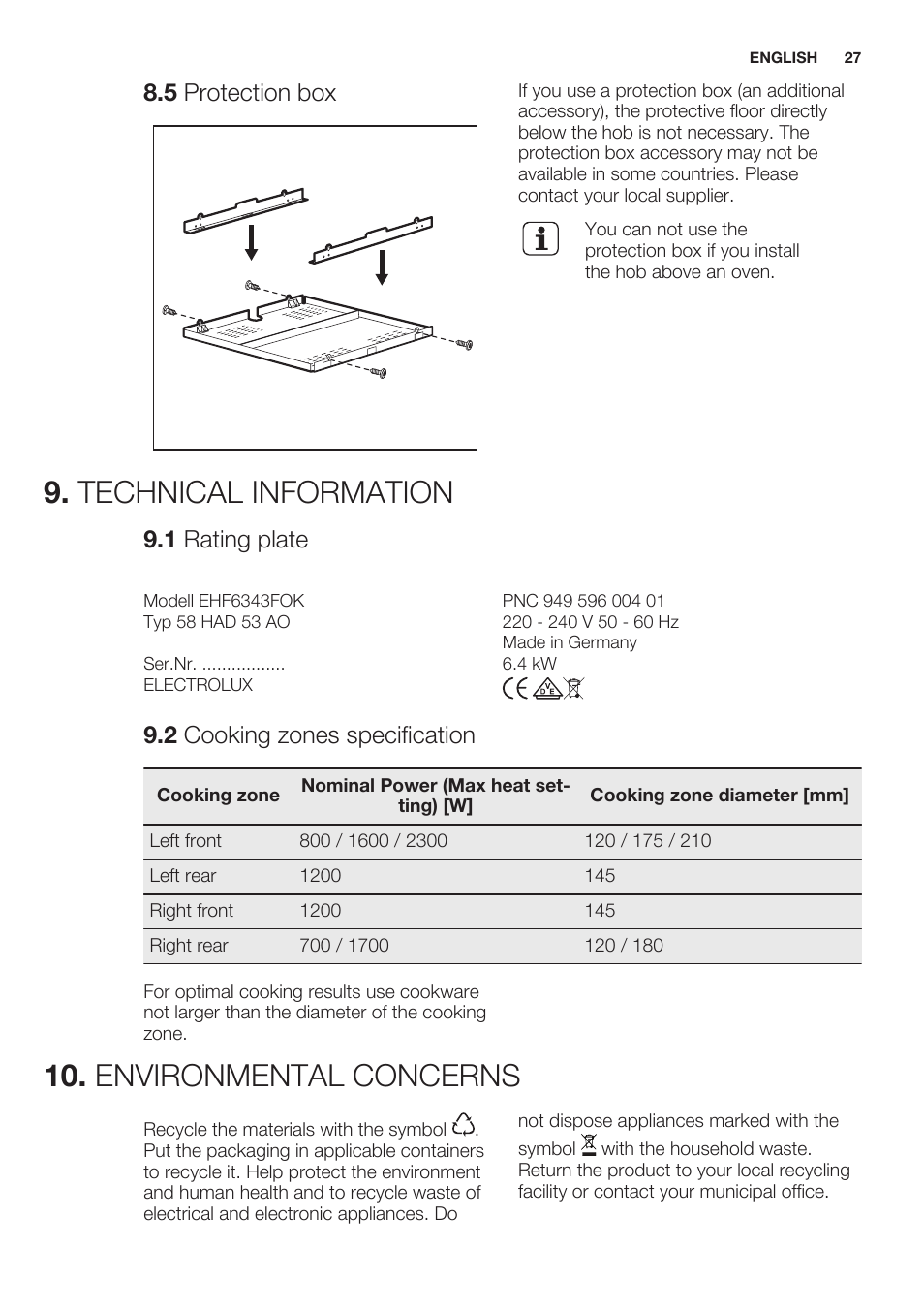 5 protection box, Technical information, 1 rating plate | 2 cooking zones specification, Environmental concerns | Electrolux EHF6343FOK User Manual | Page 27 / 60