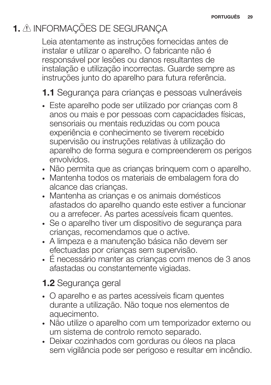 Informações de segurança, 1 segurança para crianças e pessoas vulneráveis, 2 segurança geral | Electrolux EHF6343FOK User Manual | Page 29 / 60