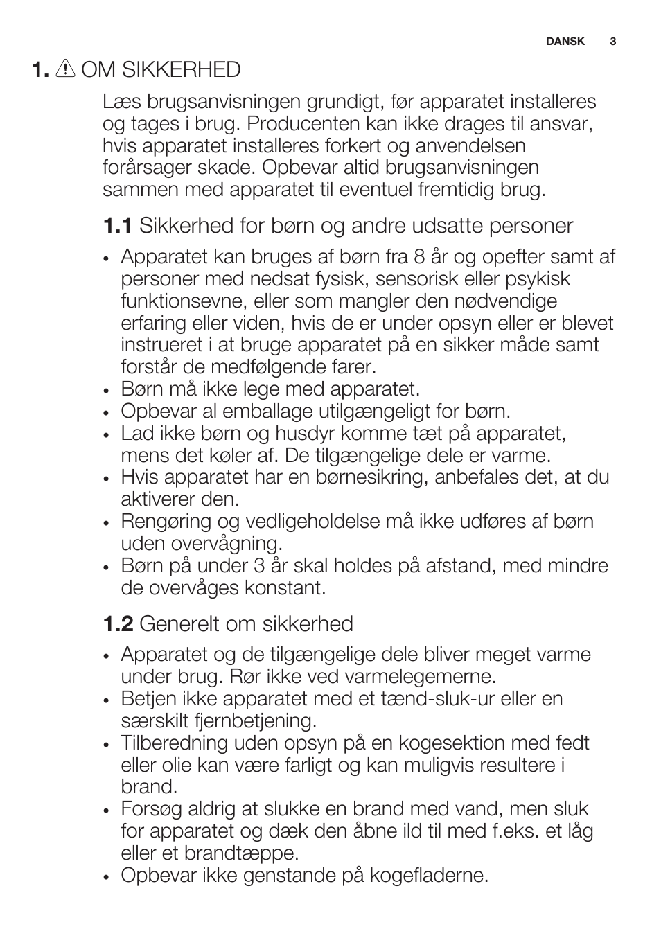 Om sikkerhed, 1 sikkerhed for børn og andre udsatte personer, 2 generelt om sikkerhed | Electrolux EHF6343FOK User Manual | Page 3 / 60