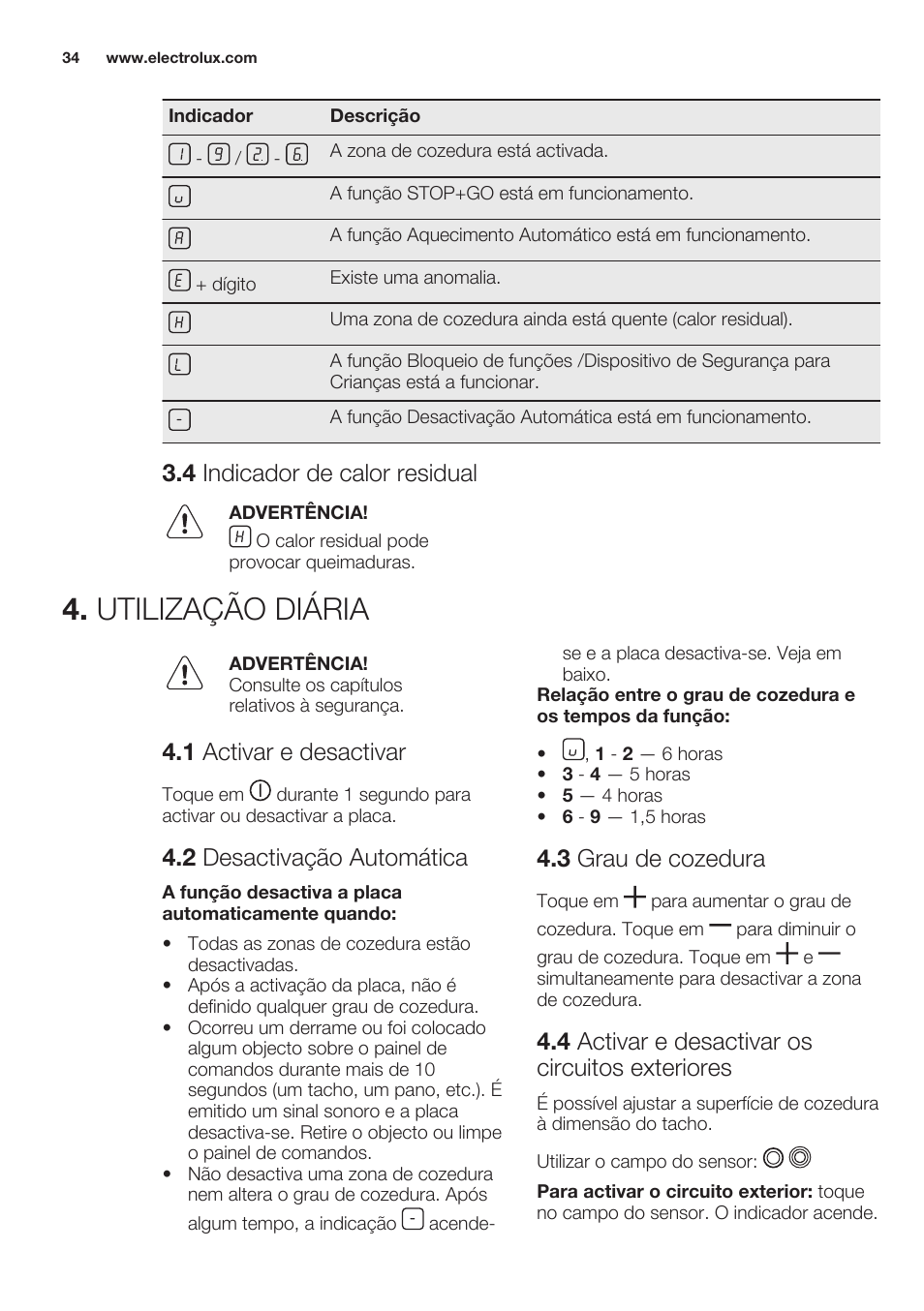 4 indicador de calor residual, Utilização diária, 1 activar e desactivar | 2 desactivação automática, 3 grau de cozedura, 4 activar e desactivar os circuitos exteriores | Electrolux EHF6343FOK User Manual | Page 34 / 60