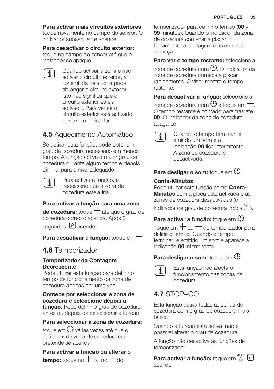 5 aquecimento automático, 6 temporizador, 7 stop+go | Electrolux EHF6343FOK User Manual | Page 35 / 60