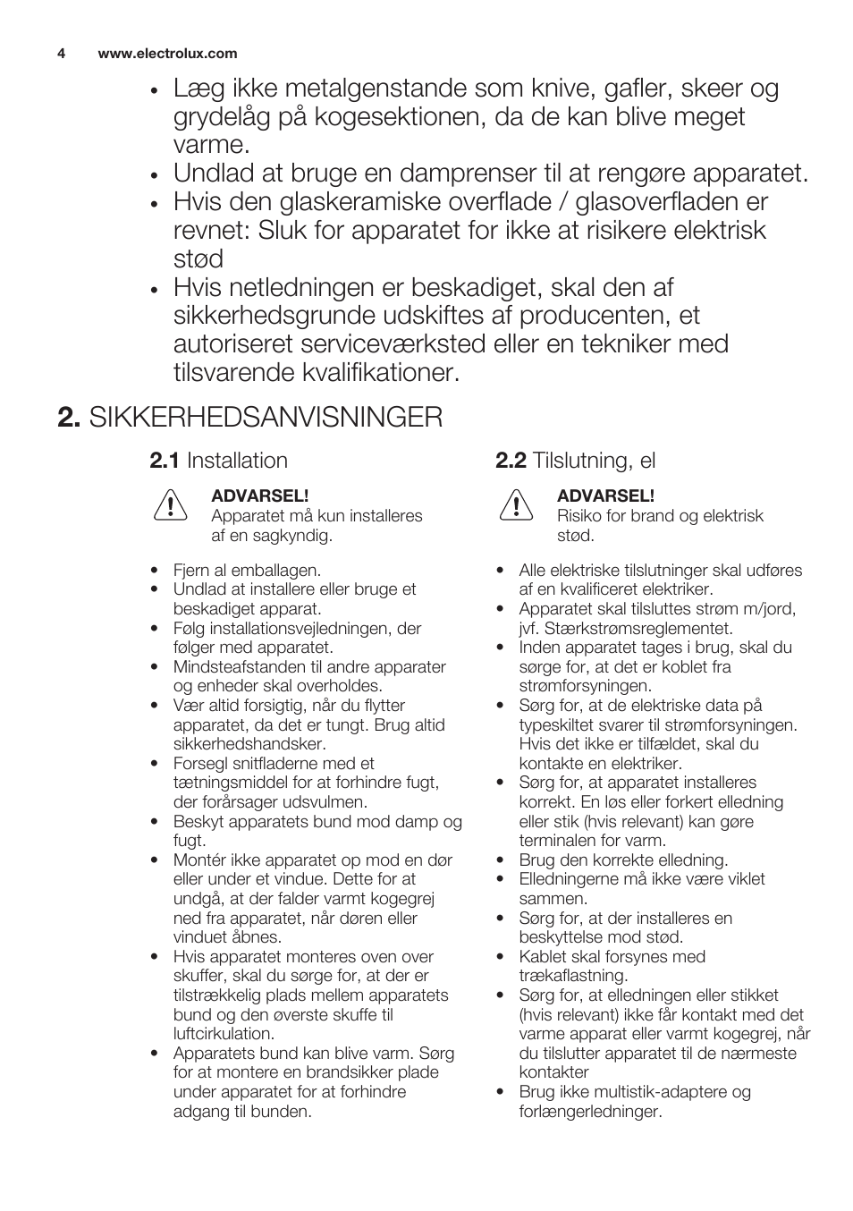 Sikkerhedsanvisninger, 1 installation, 2 tilslutning, el | Electrolux EHF6343FOK User Manual | Page 4 / 60