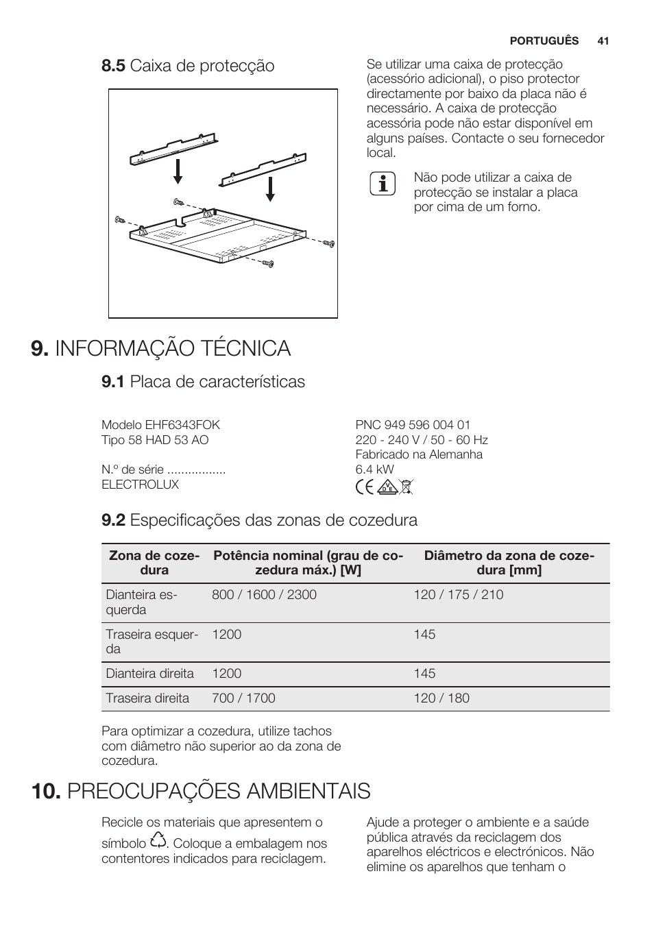 5 caixa de protecção, Informação técnica, 1 placa de características | 2 especificações das zonas de cozedura, Preocupações ambientais | Electrolux EHF6343FOK User Manual | Page 41 / 60